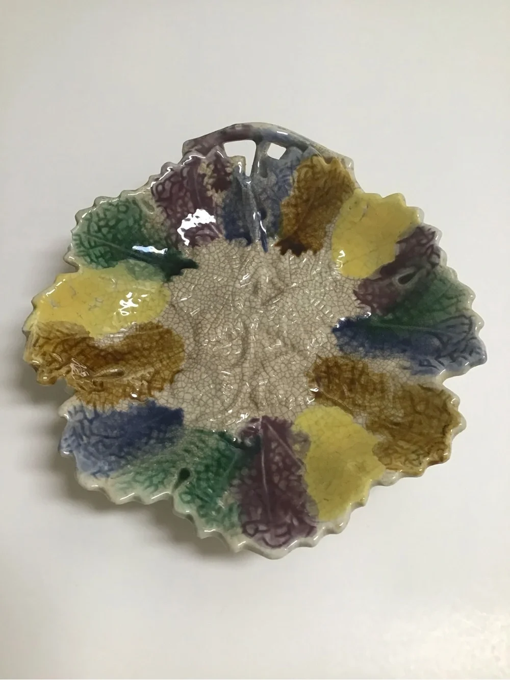 Antique Majolica Leaf Plate 1880's ? Morley & Co. Wellsville OH  7x7” Colorful